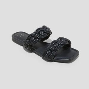 A New Day Women's Black Braided Double Strap Flat Sandals